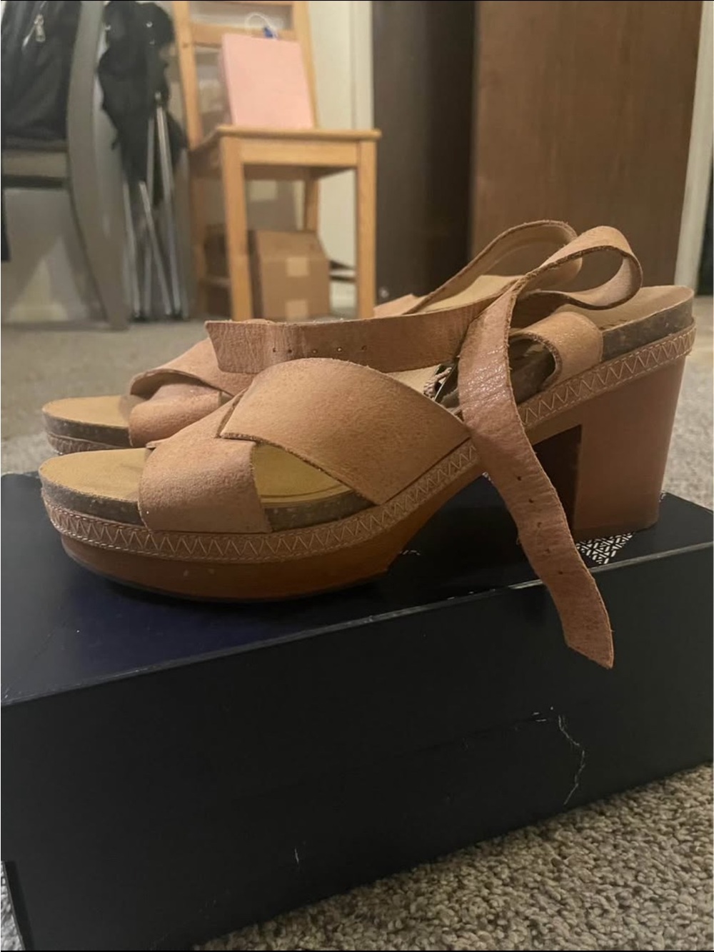 Lucky Brand Tan Suede Platform Sandals with Ankle Wrap